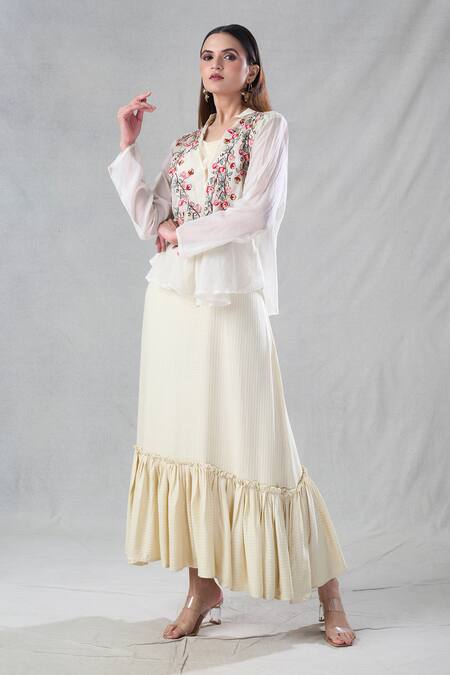 Buy Bhusattva Off White Organic Silk Embroidery Floral Dress Round Frill With Jacket Online at Aza Fashions Buy_Bhusattva_Off White Organic Silk Embroidery Floral Dress Round Frill With Jacket _Online_at_Aza_Fashions