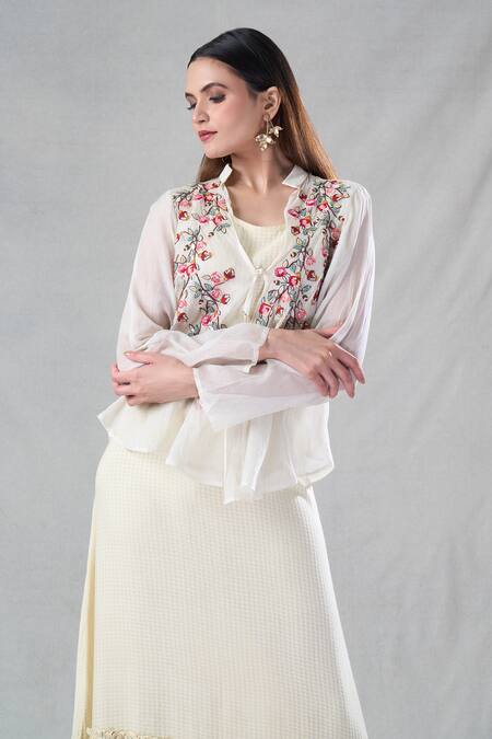 Shop Bhusattva Off White Organic Silk Embroidery Floral Dress Round Frill With Jacket Online at Aza Fashions Shop_Bhusattva_Off White Organic Silk Embroidery Floral Dress Round Frill With Jacket _Online_at_Aza_Fashions