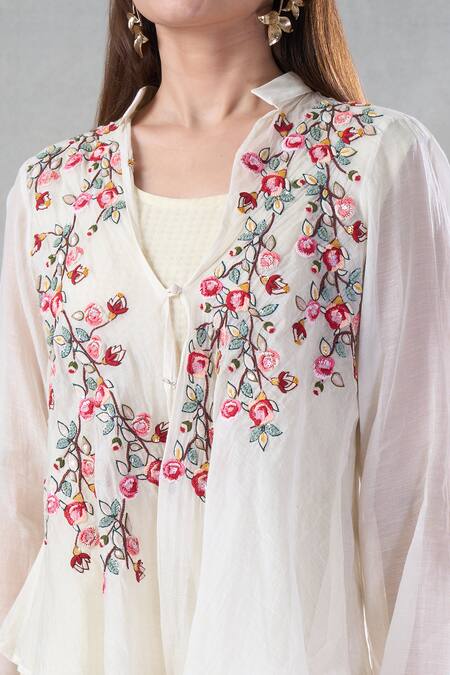 Bhusattva Off White Organic Silk Embroidery Floral Dress Round Frill With Jacket at Aza Fashions Bhusattva_Off White Organic Silk Embroidery Floral Dress Round Frill With Jacket _at_Aza_Fashions