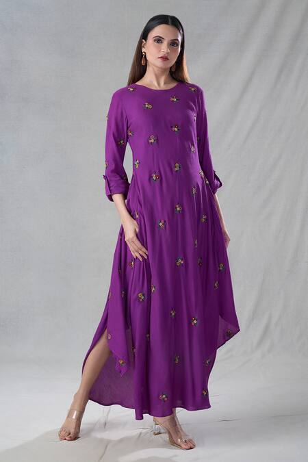 Buy Bhusattva Purple Organic Banana Fiber Embroidery Sequin Round Floral Hand Kurta Online at Aza Fashions Buy_Bhusattva_Purple Organic Banana Fiber Embroidery Sequin Round Floral Hand Kurta _Online_at_Aza_Fashions
