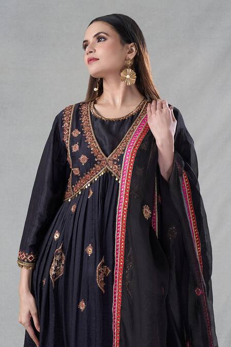 Buy_Bhusattva_Black Silk, Jacquard, Chiffon Tassels, Beads, Embroidery, Zardozi Anarkali Set _Online_at_Aza_Fashions