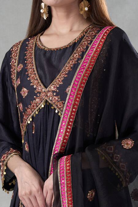 Shop_Bhusattva_Black Silk, Jacquard, Chiffon Tassels, Beads, Embroidery, Zardozi Anarkali Set _Online_at_Aza_Fashions