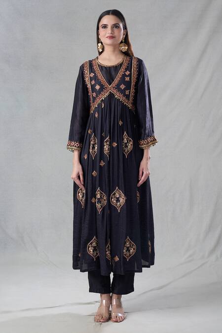 Bhusattva_Black Silk, Jacquard, Chiffon Tassels, Beads, Embroidery, Zardozi Anarkali Set _at_Aza_Fashions