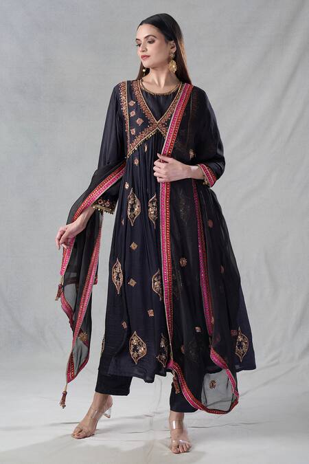 Buy_Bhusattva_Black Silk, Jacquard, Chiffon Tassels, Beads, Embroidery, Zardozi Anarkali Set 