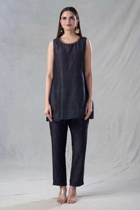 Shop_Bhusattva_Black Silk, Jacquard, Chiffon Tassels, Beads, Embroidery, Zardozi Anarkali Set 