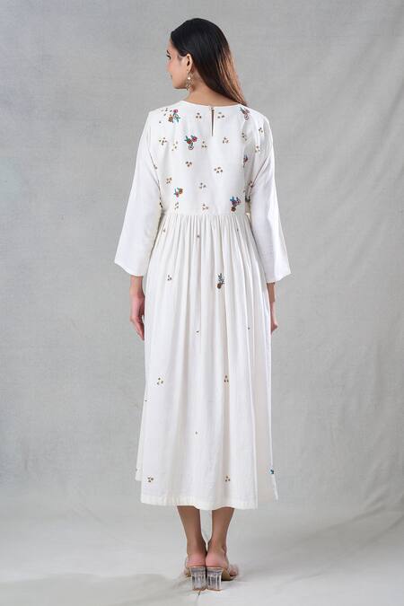 Shop_Bhusattva_Off White Silk Embroidery, Sequins, Beads Round Neck Zardozi Gathered Anarkali _at_Aza_Fashions