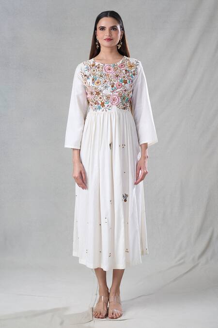 Bhusattva_Off White Silk Embroidery, Sequins, Beads Round Neck Zardozi Gathered Anarkali _Online_at_Aza_Fashions