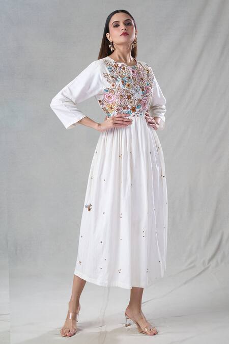 Shop_Bhusattva_Off White Silk Embroidery, Sequins, Beads Round Neck Zardozi Gathered Anarkali _Online_at_Aza_Fashions