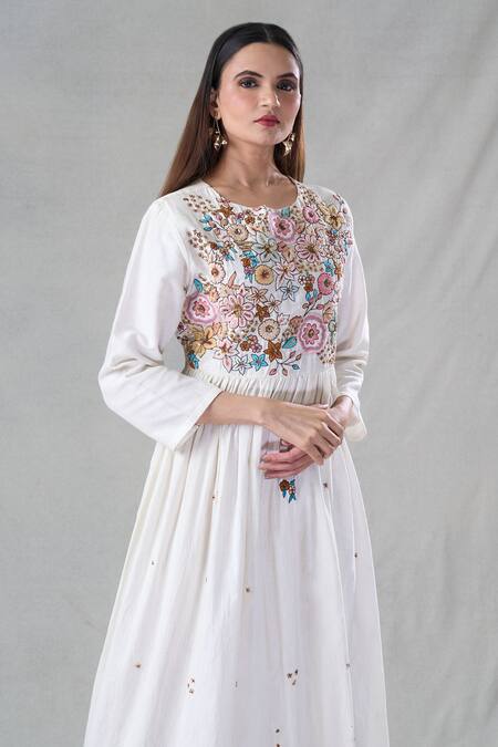 Bhusattva_Off White Silk Embroidery, Sequins, Beads Round Neck Zardozi Gathered Anarkali _at_Aza_Fashions
