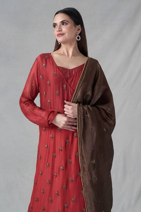 Bhusattva_Red Silk Embroidery V-neck Angrakha With Dupatta _at_Aza_Fashions