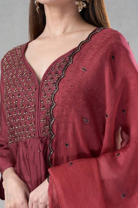 Bhusattva_Maroon Organza, Silk Sequins, Beads V-neck Work Kurta With Dupatta _at_Aza_Fashions