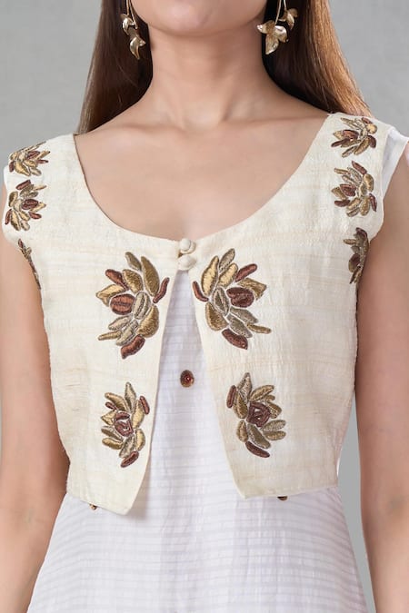 Shop Bhusattva Off White Organic Silk Embroidery Floral Round Jacket With Dress Online at Aza Fashions Shop_Bhusattva_Off White Organic Silk Embroidery Floral Round Jacket With Dress _Online_at_Aza_Fashions