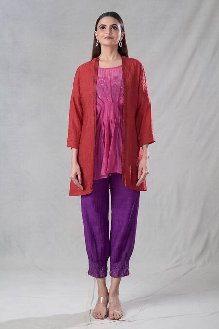 Bhusattva_Red Silk Organza Cut Work, Embroidery, Sequins, Stripe Woven Shrug Pant Set _Online_at_Aza_Fashions