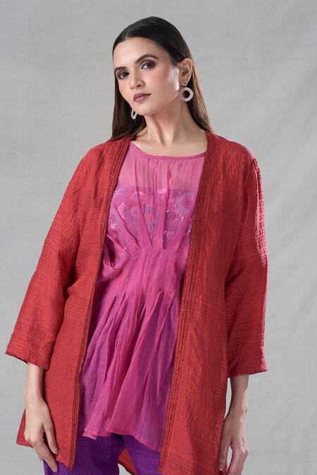 Buy_Bhusattva_Red Silk Organza Cut Work, Embroidery, Sequins, Stripe Woven Shrug Pant Set 