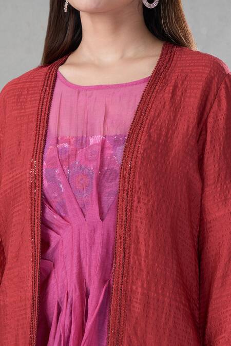 Shop_Bhusattva_Red Silk Organza Cut Work, Embroidery, Sequins, Stripe Woven Shrug Pant Set 