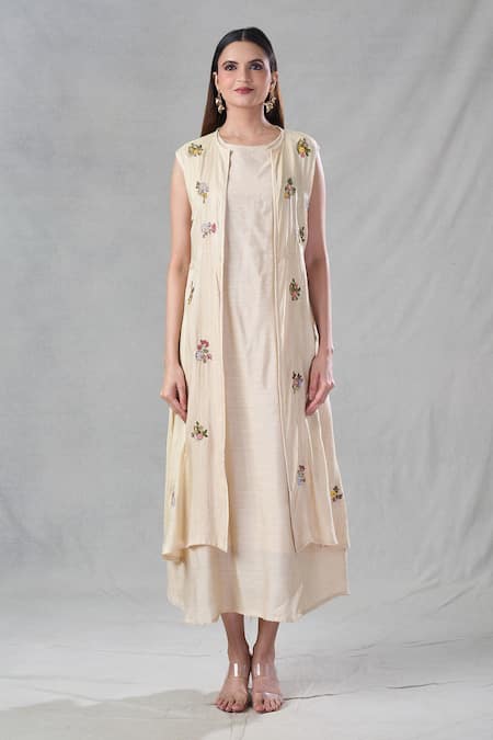 Bhusattva_Beige Organic Silk Embroidery Thread Round Floral Shrug With Dress _at_Aza_Fashions