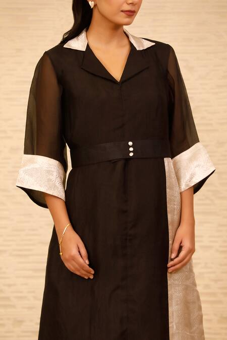 Eeda_Black Silk Organza Collared Patchwork Midi Dress _Online_at_Aza_Fashions