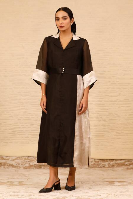 Eeda_Black Silk Organza Collared Patchwork Midi Dress _at_Aza_Fashions