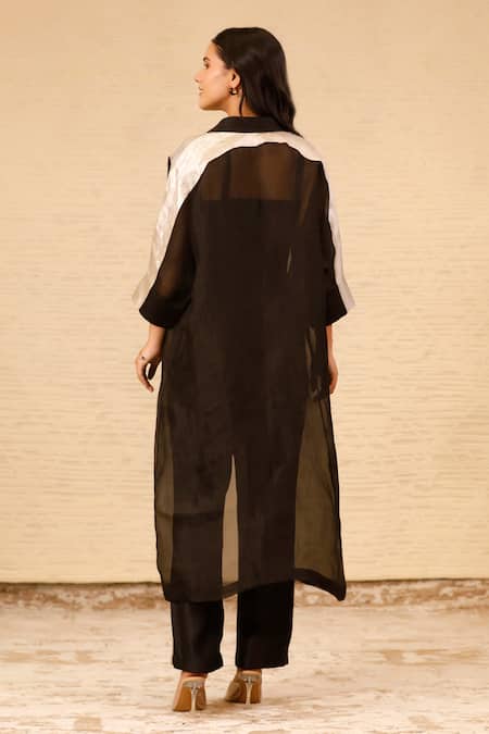 Shop_Eeda_Black Organza, Silk Shawl Neck Overlay Jacket Pant Set _at_Aza_Fashions