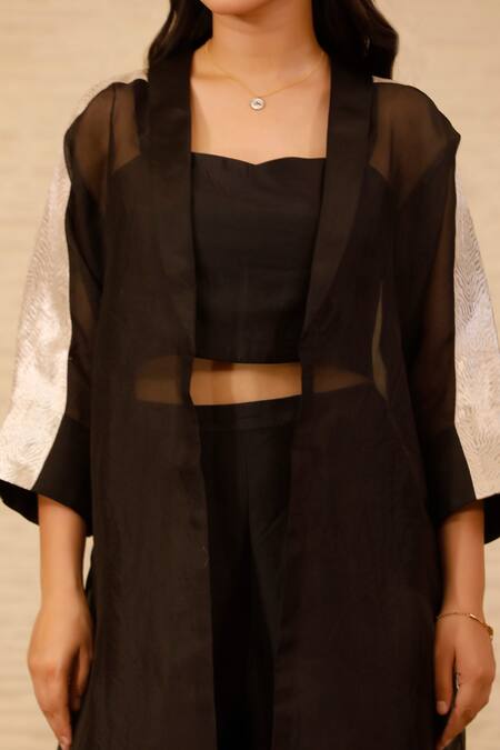 Eeda_Black Organza, Silk Shawl Neck Overlay Jacket Pant Set _Online_at_Aza_Fashions