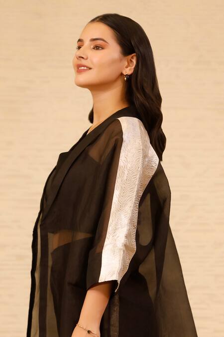 Buy_Eeda_Black Organza, Silk Shawl Neck Overlay Jacket Pant Set _Online_at_Aza_Fashions