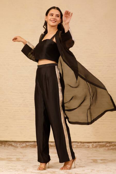 Shop_Eeda_Black Organza, Silk Shawl Neck Overlay Jacket Pant Set _Online_at_Aza_Fashions