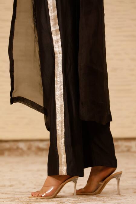Eeda_Black Organza, Silk Shawl Neck Overlay Jacket Pant Set _at_Aza_Fashions