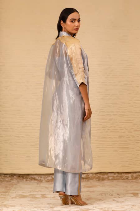 Shop Eeda Purple Jacket Silk Tissue Jacket Shawl Collar Long Orgnaza Overlay Pant Set at Aza Fashions Shop_Eeda_Purple Jacket Silk Tissue Jacket Shawl Collar Long Orgnaza Overlay Pant Set _at_Aza_Fashions