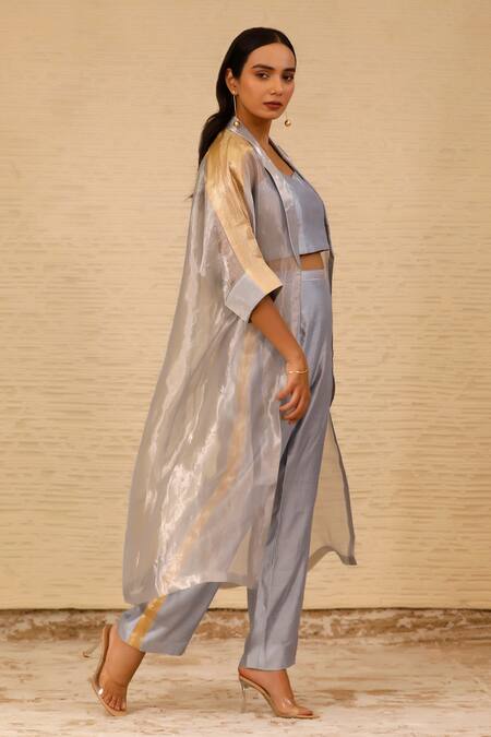 Eeda Purple Jacket Silk Tissue Jacket Shawl Collar Long Orgnaza Overlay Pant Set Online at Aza Fashions Eeda_Purple Jacket Silk Tissue Jacket Shawl Collar Long Orgnaza Overlay Pant Set _Online_at_Aza_Fashions