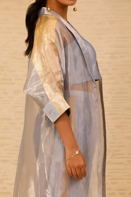 Shop Eeda Purple Jacket Silk Tissue Jacket Shawl Collar Long Orgnaza Overlay Pant Set Online at Aza Fashions Shop_Eeda_Purple Jacket Silk Tissue Jacket Shawl Collar Long Orgnaza Overlay Pant Set _Online_at_Aza_Fashions