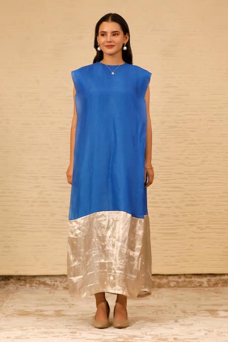 Shop Eeda Blue Silk Organza Crew Color Blocked Midi Dress at Aza Fashions Shop_Eeda_Blue Silk Organza Crew Color Blocked Midi Dress _at_Aza_Fashions