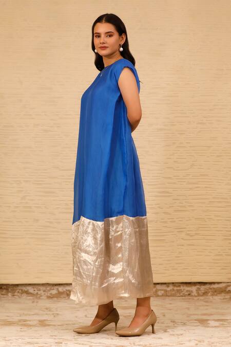 Eeda Blue Silk Organza Crew Color Blocked Midi Dress Online at Aza Fashions Eeda_Blue Silk Organza Crew Color Blocked Midi Dress _Online_at_Aza_Fashions