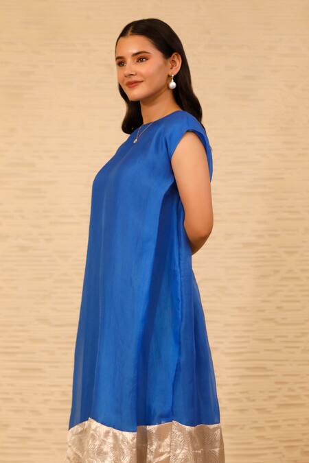 Buy Eeda Blue Silk Organza Crew Color Blocked Midi Dress Online at Aza Fashions Buy_Eeda_Blue Silk Organza Crew Color Blocked Midi Dress _Online_at_Aza_Fashions
