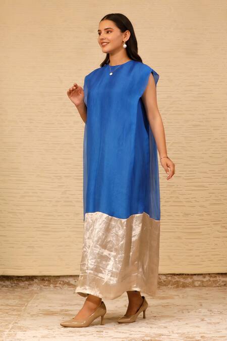 Eeda Blue Silk Organza Crew Color Blocked Midi Dress at Aza Fashions Eeda_Blue Silk Organza Crew Color Blocked Midi Dress _at_Aza_Fashions