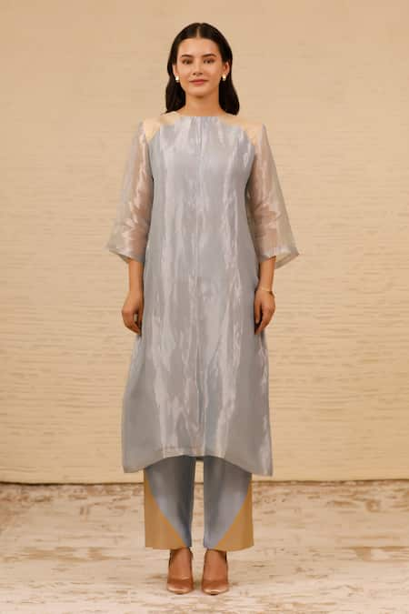 Eeda Blue Kurta Tissue Silk Crew Straight Patchwork And Pant Set 