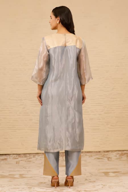 Shop_Eeda_Blue Tissue, Chanderi, Chiffon Crew Neck Straight Patchwork Kurta And Pant Set _at_Aza_Fashions
