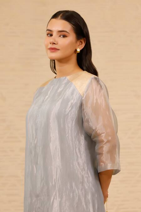 Eeda_Blue Tissue, Chanderi, Chiffon Crew Neck Straight Patchwork Kurta And Pant Set _Online_at_Aza_Fashions