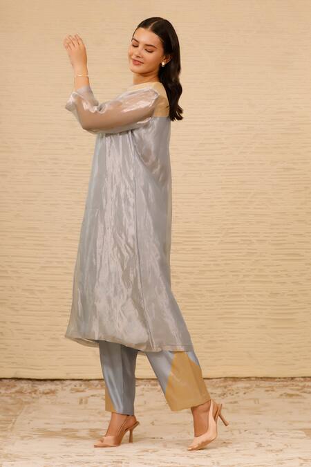 Buy_Eeda_Blue Tissue, Chanderi, Chiffon Crew Neck Straight Patchwork Kurta And Pant Set _Online_at_Aza_Fashions