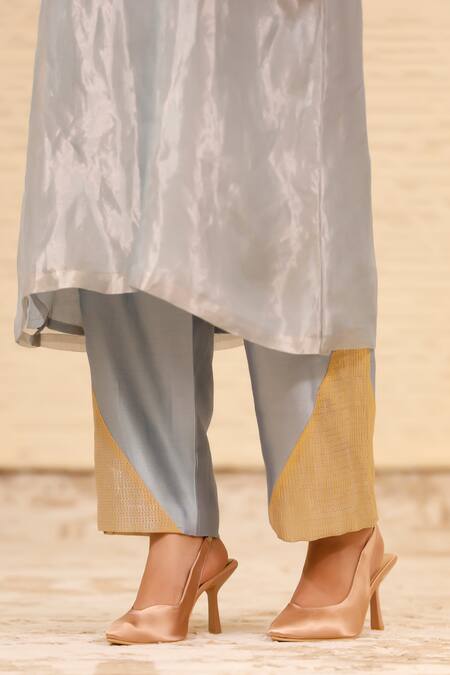 Shop_Eeda_Blue Tissue, Chanderi, Chiffon Crew Neck Straight Patchwork Kurta And Pant Set _Online_at_Aza_Fashions