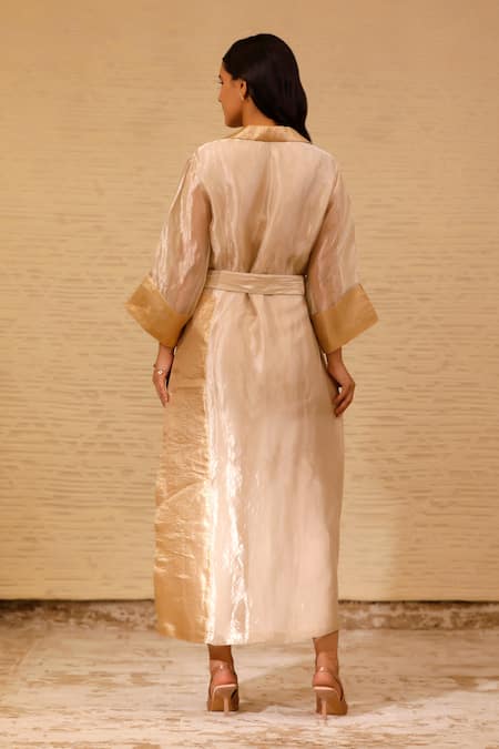 Shop Eeda Ivory Silk Tissue Lapel Collar Midi Dress at Aza Fashions Shop_Eeda_Ivory Silk Tissue Lapel Collar Midi Dress _at_Aza_Fashions