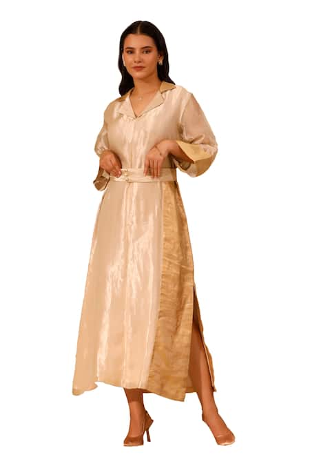 Eeda Ivory Silk Tissue Lapel Collar Midi Dress Online at Aza Fashions Eeda_Ivory Silk Tissue Lapel Collar Midi Dress _Online_at_Aza_Fashions