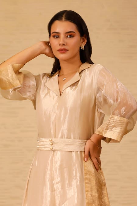 Eeda Ivory Silk Tissue Lapel Collar Midi Dress at Aza Fashions Eeda_Ivory Silk Tissue Lapel Collar Midi Dress _at_Aza_Fashions