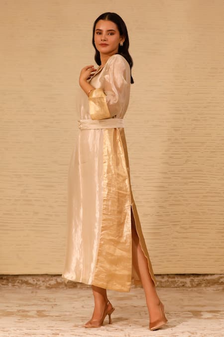 Buy Eeda Ivory Silk Tissue Lapel Collar Midi Dress Buy_Eeda_Ivory Silk Tissue Lapel Collar Midi Dress