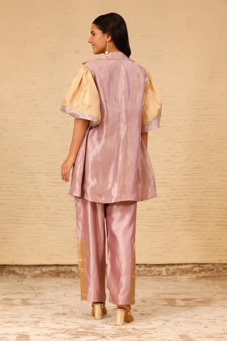 Shop Eeda Purple Jacket Silk Tissue Jacket Lapel Front Open Umbrella Cut Pant Set at Aza Fashions Shop_Eeda_Purple Jacket Silk Tissue Jacket Lapel Front Open Umbrella Cut Pant Set _at_Aza_Fashions
