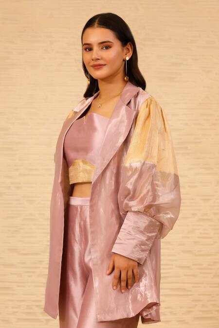 Eeda Purple Jacket Silk Tissue Jacket Lapel Front Open Umbrella Cut Pant Set Online at Aza Fashions Eeda_Purple Jacket Silk Tissue Jacket Lapel Front Open Umbrella Cut Pant Set _Online_at_Aza_Fashions