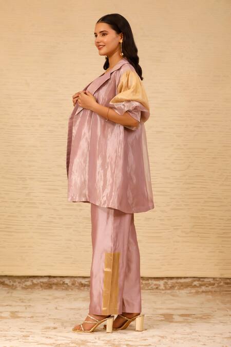 Shop Eeda Purple Jacket Silk Tissue Jacket Lapel Front Open Umbrella Cut Pant Set Online at Aza Fashions Shop_Eeda_Purple Jacket Silk Tissue Jacket Lapel Front Open Umbrella Cut Pant Set _Online_at_Aza_Fashions