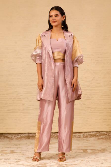 Eeda Purple Jacket Silk Tissue Jacket Lapel Front Open Umbrella Cut Pant Set at Aza Fashions Eeda_Purple Jacket Silk Tissue Jacket Lapel Front Open Umbrella Cut Pant Set _at_Aza_Fashions