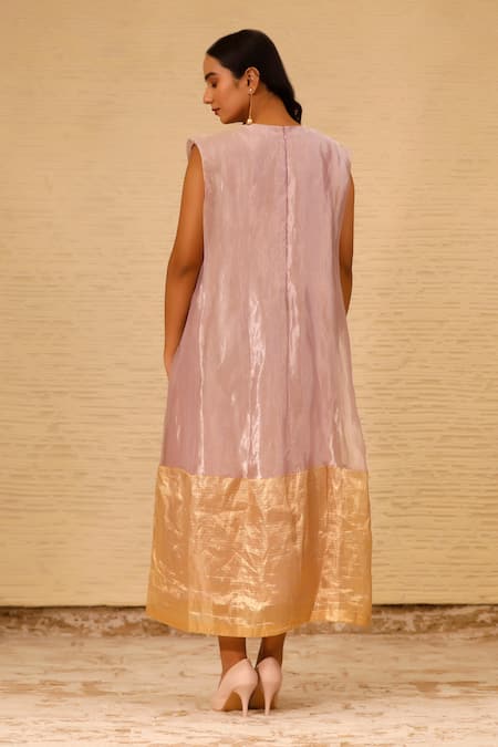 Shop Eeda Purple Silk Tissue Crew Color Blocked Midi Dress at Aza Fashions Shop_Eeda_Purple Silk Tissue Crew Color Blocked Midi Dress _at_Aza_Fashions