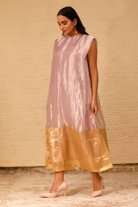 Buy Eeda Purple Silk Tissue Crew Color Blocked Midi Dress Online at Aza Fashions Buy_Eeda_Purple Silk Tissue Crew Color Blocked Midi Dress _Online_at_Aza_Fashions
