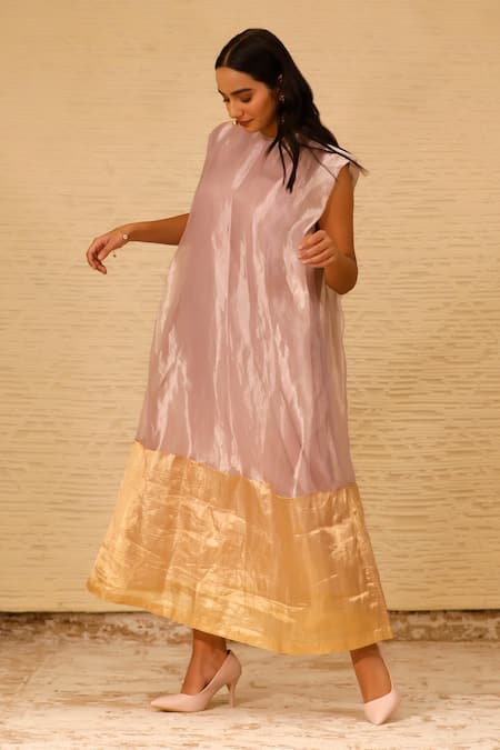 Eeda Purple Silk Tissue Crew Color Blocked Midi Dress at Aza Fashions Eeda_Purple Silk Tissue Crew Color Blocked Midi Dress _at_Aza_Fashions